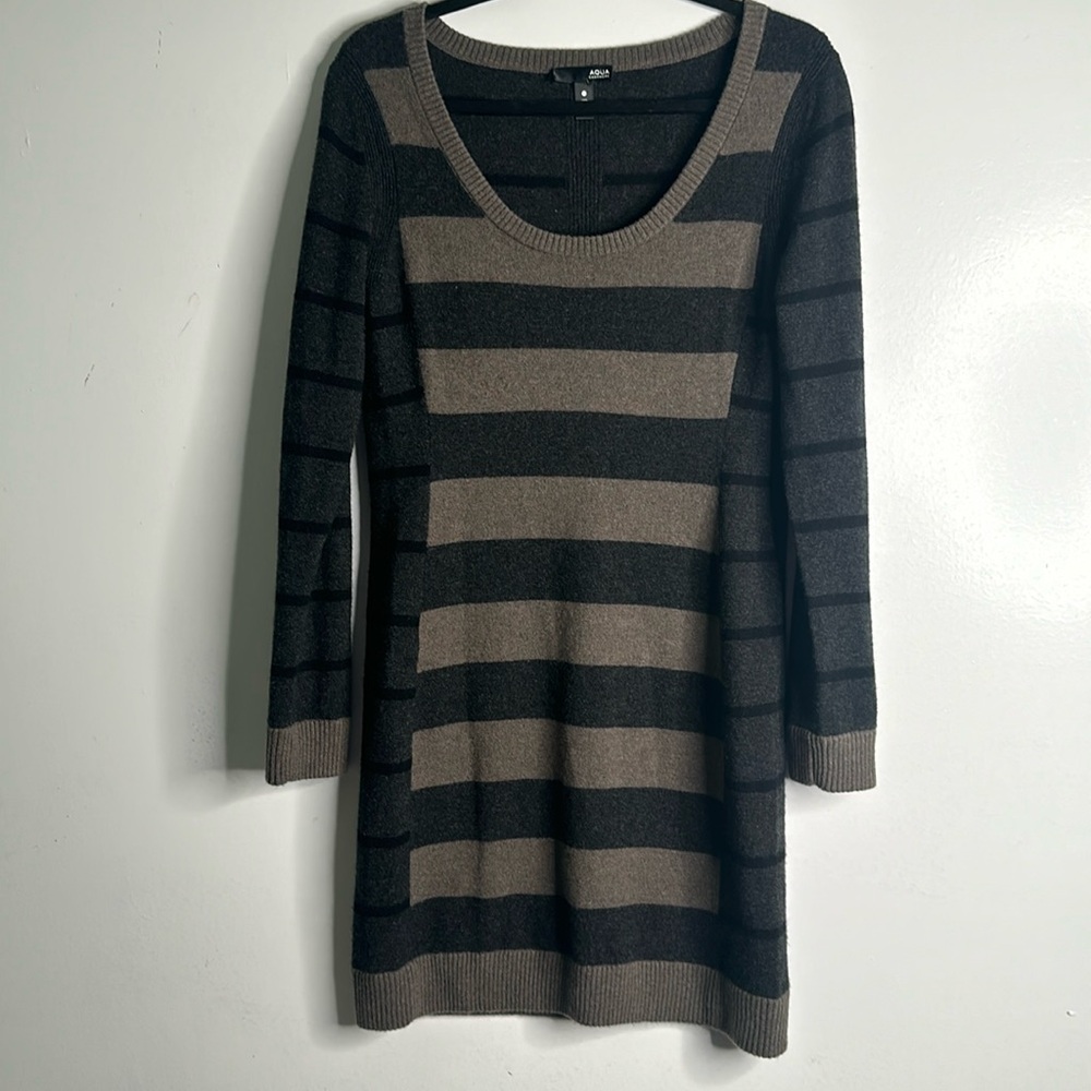 Aqua cashmere sweater dress gray beige strip dress long sleeve size medium